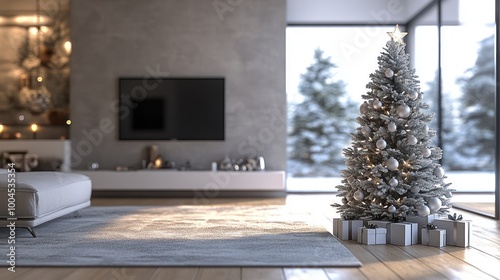 Modern Christmas tree in minimalist living room with white and silver decor photo