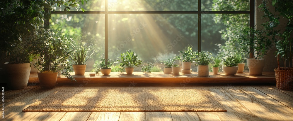Sunbeams Through Window with Plants and Wooden Floor Sunbeams Through Window with Plants and Wooden Floor
