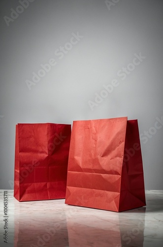 Two simple empty blank red craft shopping recycled paper bags standing isolated against a light background. Studio shot cardboard packaging mockup template design. 