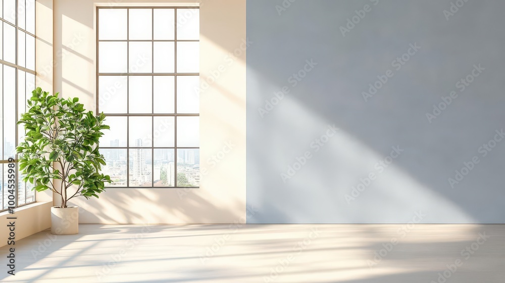 Modern urban loft apartment with large windows, minimalist furniture, indoor plants, sunlight casting shadows, neutral color palette, 3D rendering Modern urban loft apartment with large windows, minimalist furniture, indoor plants, sunlight casting shadows, neutral color palette, 3D rendering