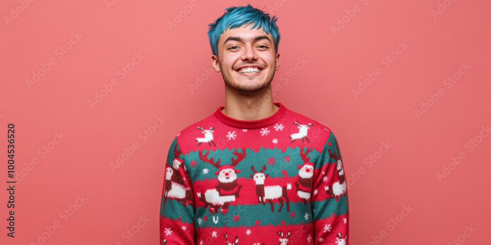 Young man with blue hair wearing Ugly Christmas sweater smiling on pink background Young man with blue hair wearing Ugly Christmas sweater smiling on pink background