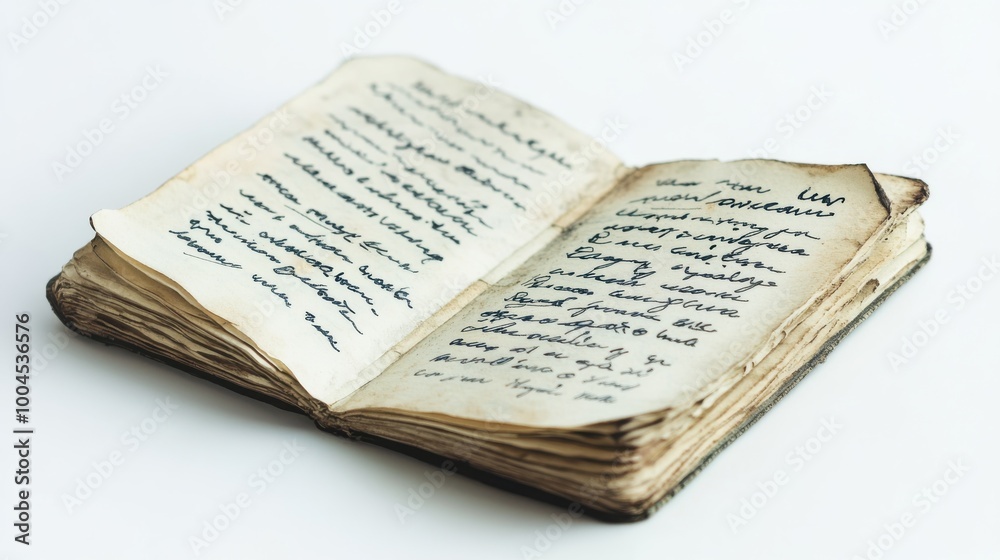 Obraz premium An antique open book displaying handwritten text with yellowed pages resting on a white surface in natural light