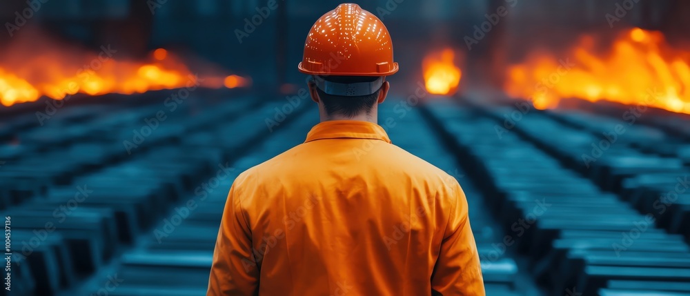 Worker with hard hat observes industrial setting with glowing furnaces.