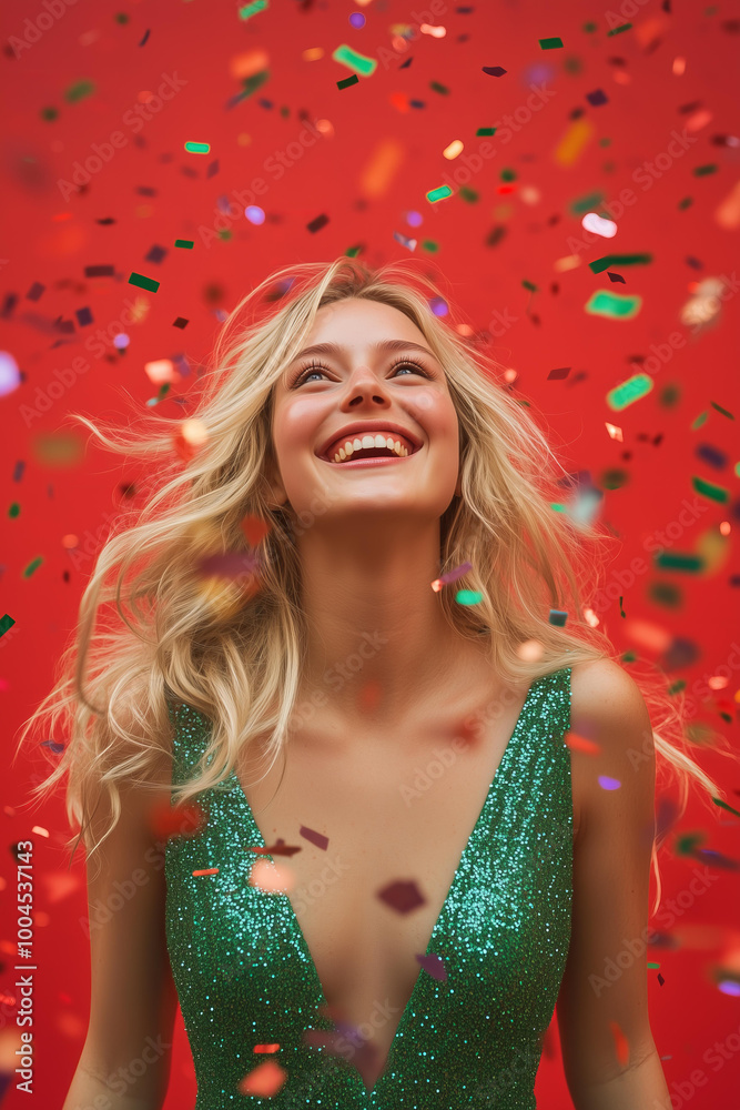 happy young blonde woman wearing green glitter dress standing in the middle of confetti against a vibrant, red background happy young blonde woman wearing green glitter dress standing in the middle of confetti against a vibrant, red background