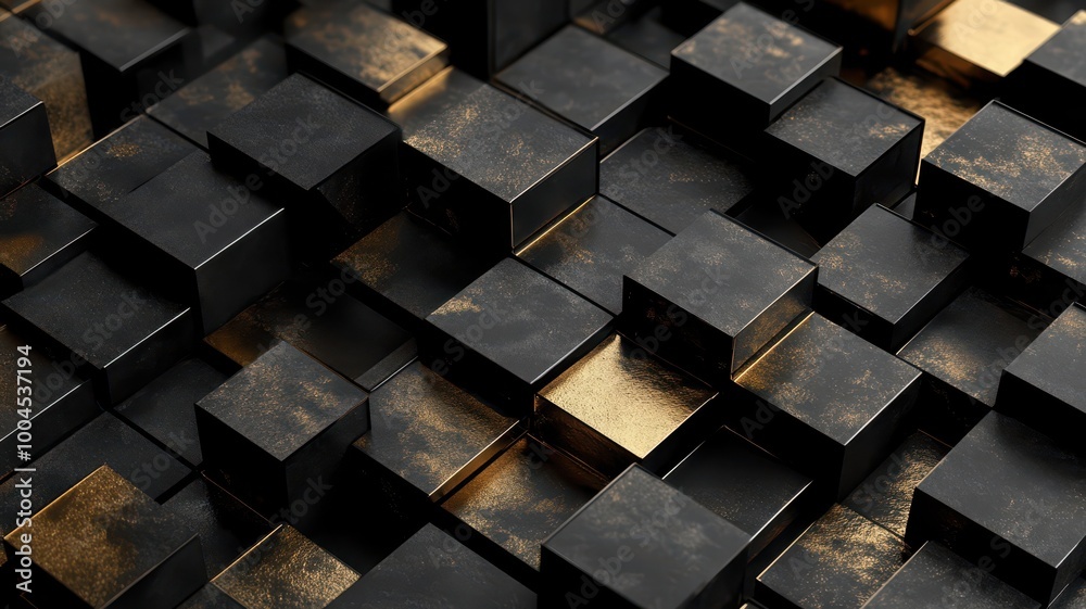A complex 3D geometric pattern with black and gold cubes, showcasing modern design, copy space A complex 3D geometric pattern with black and gold cubes, showcasing modern design, copy space