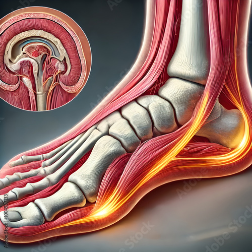 3D detailed plantar fascia tendon in the sole of foot, focusing on inflammation due to plantar fasciitis. thickening, tension in tendon, particularly near heel bone. one affected by plantar fasciitis.