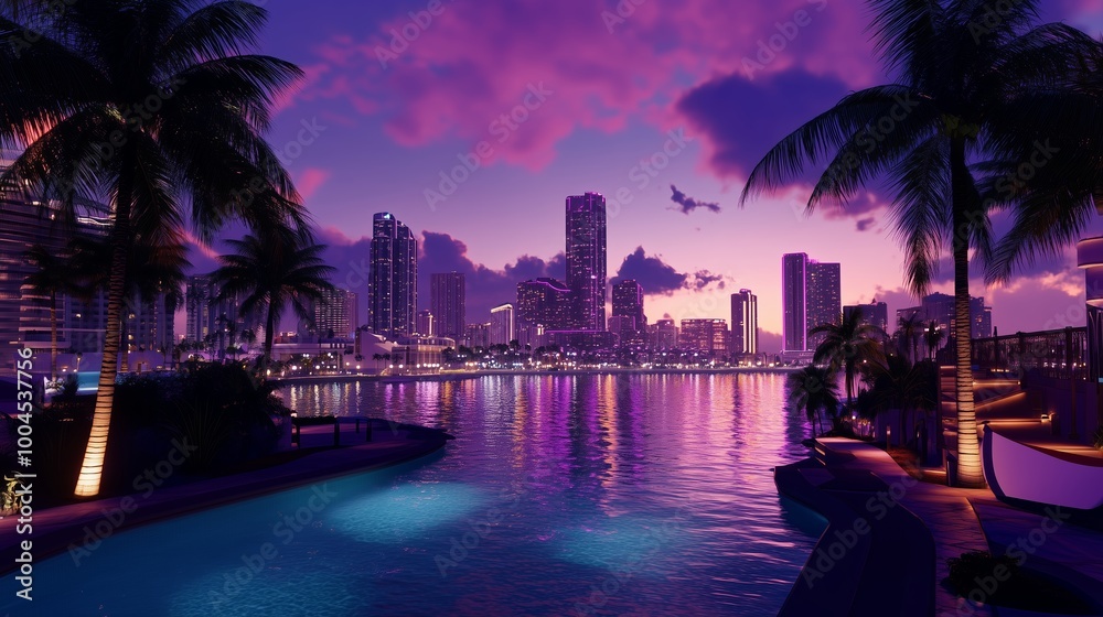 Obraz premium A stunning sunset view over a vibrant city skyline with palm trees along the water in Miami, showcasing evening lights and reflections