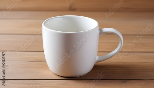 A white ceramic mug mock up on a wooden table 