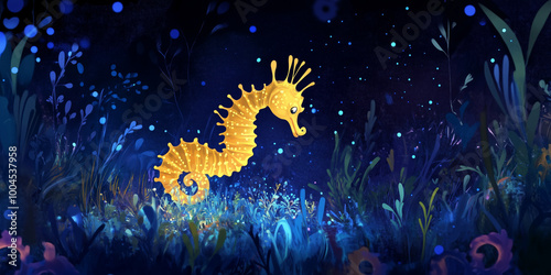 Seahorse giving birth to live young, animal illustration photo