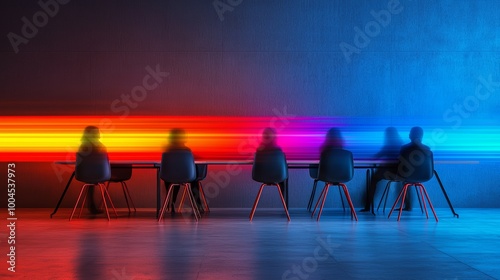 A corporate meeting room with blurred figures coming in and out, illustrating the constant flow of ideas, strategies, and actions that drive team success.