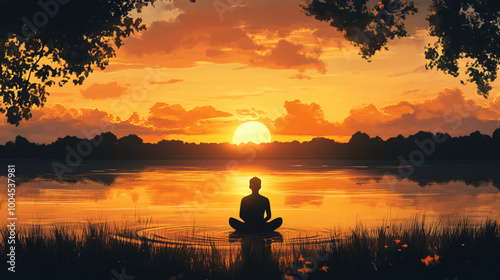  A person meditating by a peaceful lake at sunset. 