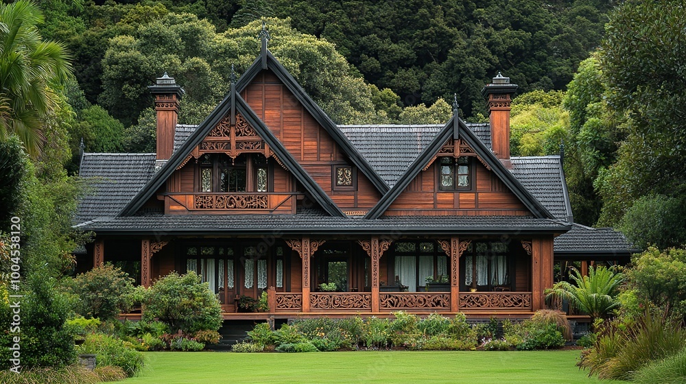 Elegant wooden house surrounded by lush greenery. Elegant wooden house surrounded by lush greenery.