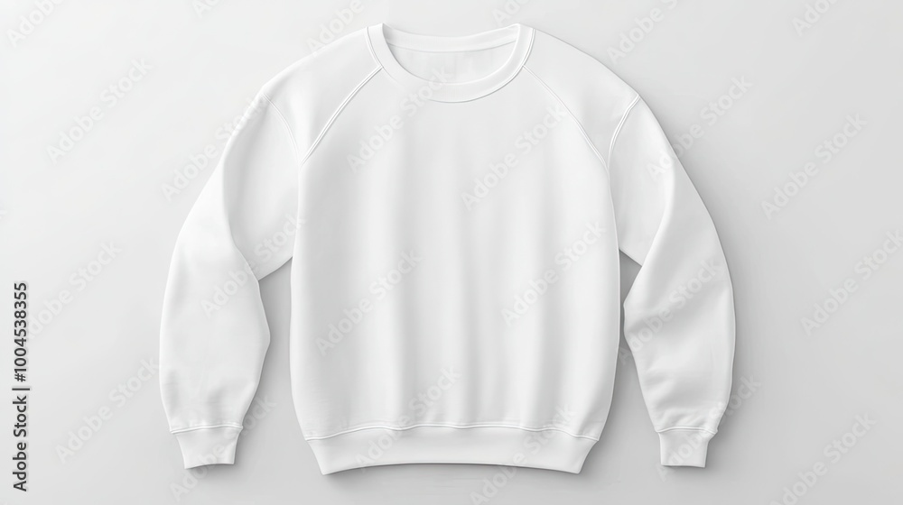 The soft, plain white crew-neck sweatshirt is thoughtfully arranged on a grey background, enhanced by natural studio lighting to showcase its design and texture The soft, plain white crew-neck sweatshirt is thoughtfully arranged on a grey background, enhanced by natural studio lighting to showcase its design and texture