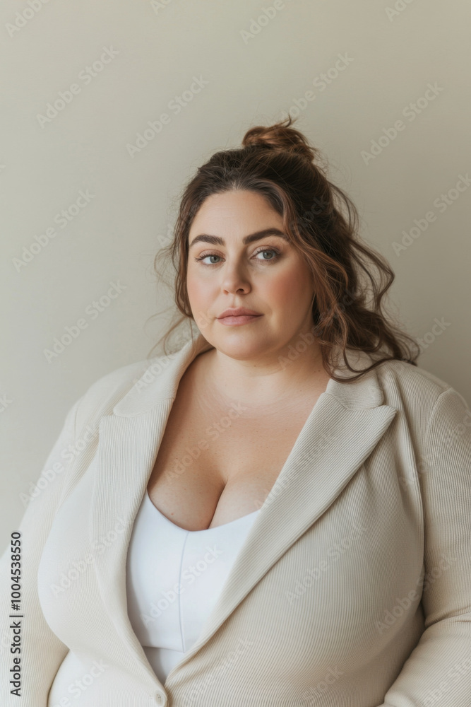 Confident plus size woman in business attire against beige background