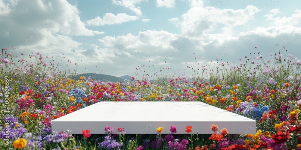 Obraz premium A white platform surrounded by colorful wildflowers, creating a tranquil natural scene, copy space