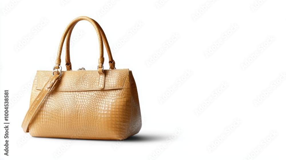 A high-end designer handbag with a crocodile-embossed leather texture, shimmering in a rich blend of gold and cream, perfect for making a statement. A high-end designer handbag with a crocodile-embossed leather texture, shimmering in a rich blend of gold and cream, perfect for making a statement.