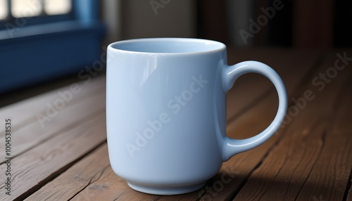 A blue porcelain cup mock up on a wooden table 