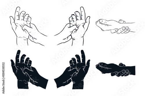 Hands pain in wrist, Carpal tunnel syndrome, hand drawn line silhouette vector illustration
