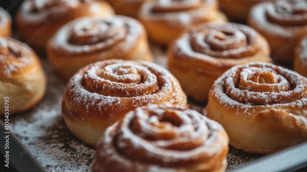 Close-up of a Tray of Freshly Baked Cinnamon Rolls with Powdered Sugar Close-up of a Tray of Freshly Baked Cinnamon Rolls with Powdered Sugar