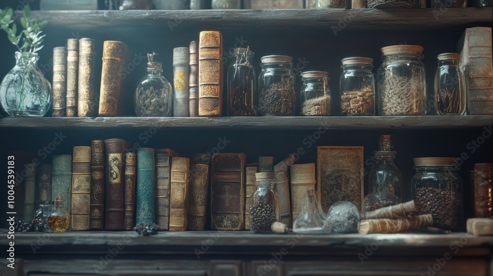 A bookshelf with ancient grimoires and mystical ingredients bathed in an eerie glow. A bookshelf with ancient grimoires and mystical ingredients bathed in an eerie glow.