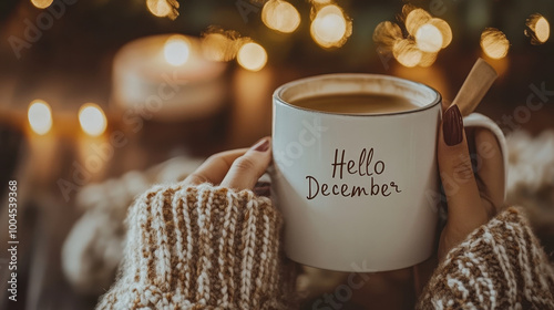 Warm cup of coffee held in hand by a festive chalkboard wishing a joyful December photo