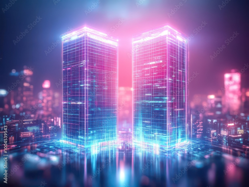 Two corporate towers blending together with neon lights and holographic effects, symbolizing merger integration, futuristic city, digital painting Two corporate towers blending together with neon lights and holographic effects, symbolizing merger integration, futuristic city, digital painting