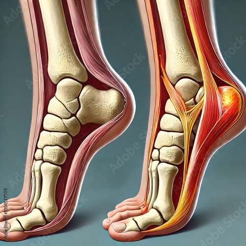 3D detailed plantar fascia tendon in the sole of foot, focusing on inflammation due to plantar fasciitis. thickening, tension in tendon, particularly near heel bone. one affected by plantar fasciitis.