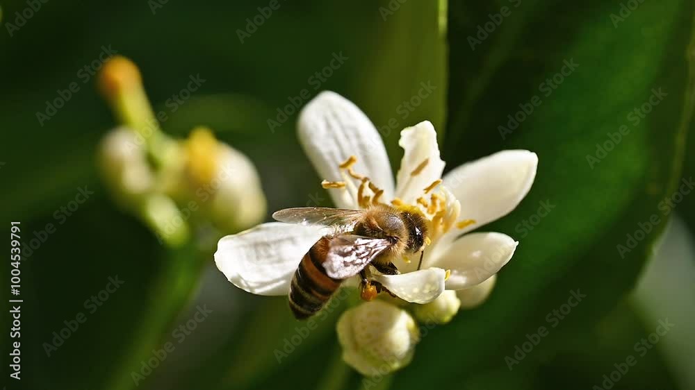 Close-up of a bee collecting pollen from white lemon blossoms in spring. Biological agriculture. Environmental protection and biodiversity. Footage.
