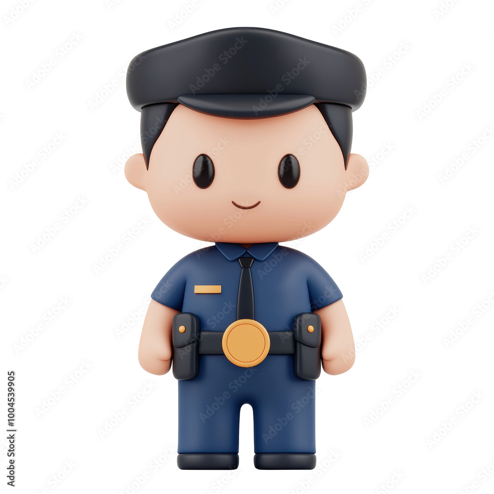 Fototapeta premium 3D cartoon-style illustration of a police officer character. Character is depicted in blue uniform with a cap, smiling and designed in cute, minimalist style. Isolated on transparent background, png.