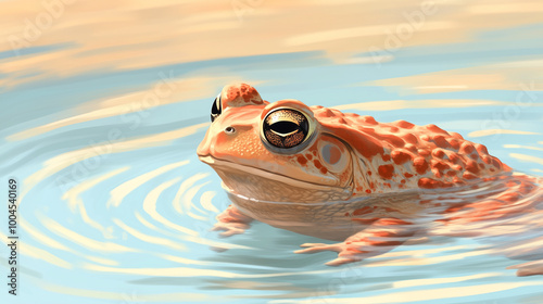 Toad sitting in a small puddle, with its head and back just above the water, animal illustration photo