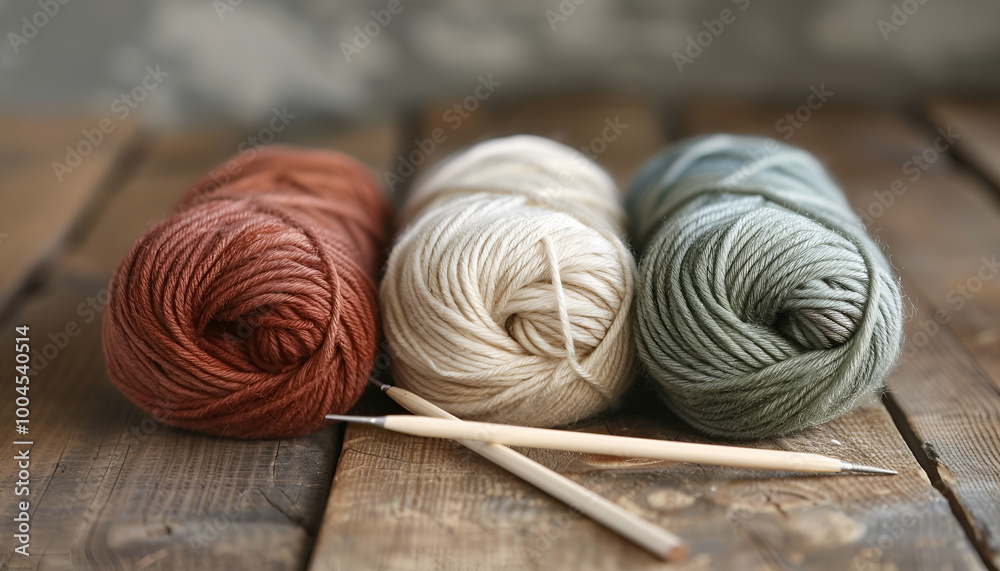 Skeins of soft yarn and knitting needles on wooden table Skeins of soft yarn and knitting needles on wooden table
