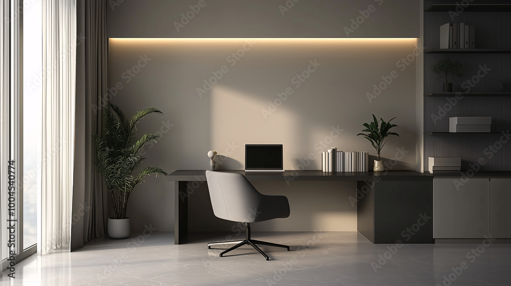 Fototapeta premium A sleek, empty home office with only a laptop on a black desk in a room with neutral walls and ample negative space