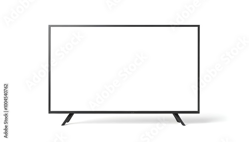 A modern flat-screen television mockup with a sleek black frame and stand, placed on a plain white background