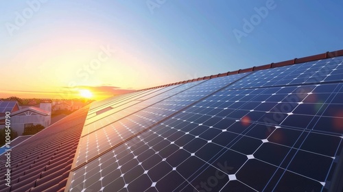 Solar panel installation on rooftop under blue sky showcasing clean renewable energy solution