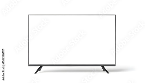 A modern flat-screen television mockup with a sleek black frame and stand, placed on a plain white background