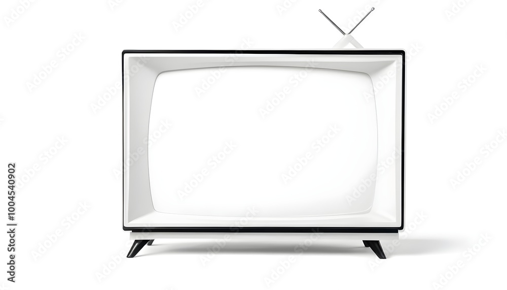 A retro CRT television mockup with a sleek black frame and stand, placed on a plain white background A retro CRT television mockup with a sleek black frame and stand, placed on a plain white background