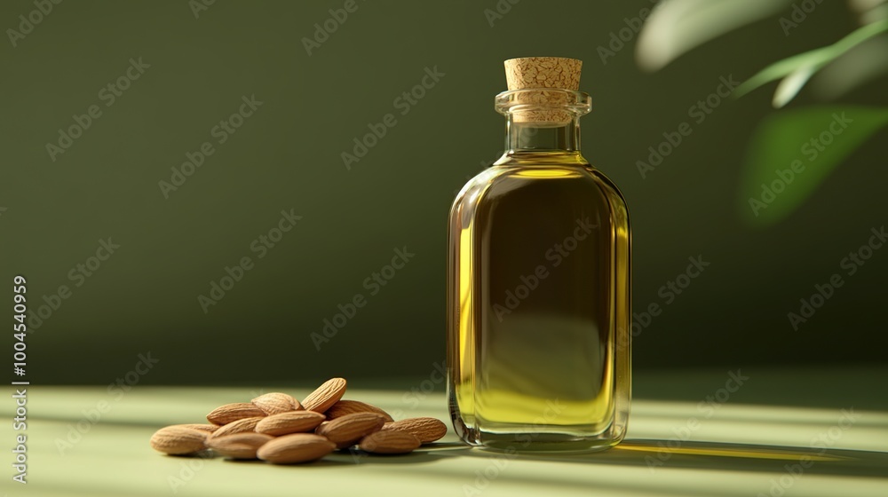 Glass bottle of oil with almonds beside it. Glass bottle of oil with almonds beside it.