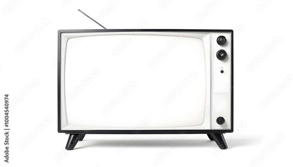 A retro CRT television mockup with a sleek black frame and stand, placed on a plain white background A retro CRT television mockup with a sleek black frame and stand, placed on a plain white background