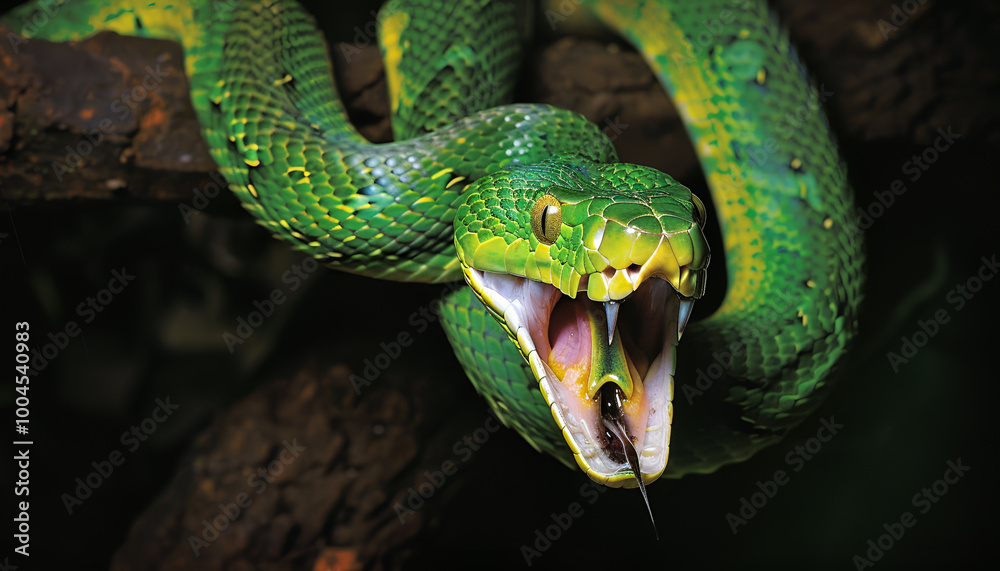 Fototapeta premium magnificent poisonous green snake with its open, treacherous mouth hanging from a branch in the dark