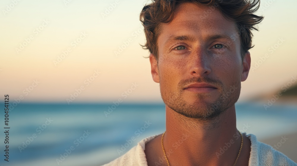 Young man standing on the beach at sunset, gazing thoughtfully at the horizon with calm ocean waves behind him Young man standing on the beach at sunset, gazing thoughtfully at the horizon with calm ocean waves behind him