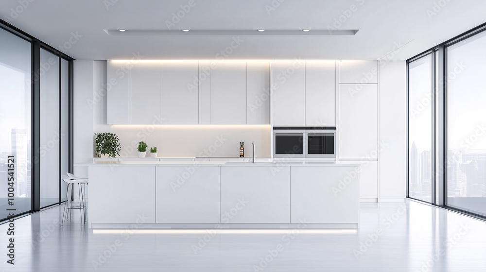 A sleek, modern kitchen with all-white cabinets, countertops, and backsplash. Minimalistic design with no visible appliances, emphasizing clean lines and a pristine look A sleek, modern kitchen with all-white cabinets, countertops, and backsplash. Minimalistic design with no visible appliances, emphasizing clean lines and a pristine look