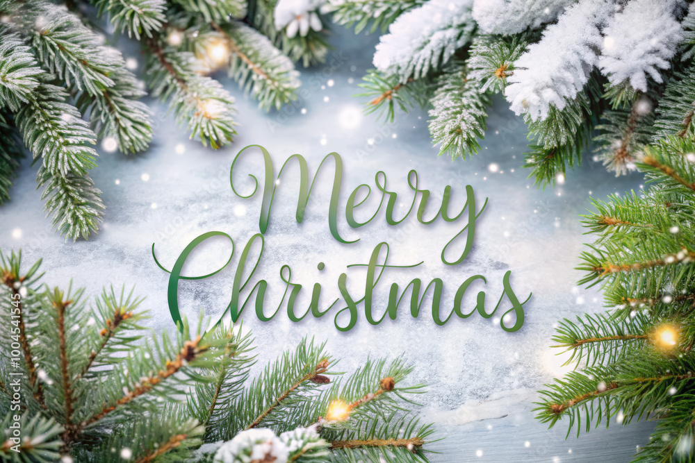Obraz premium Festive greeting card design with a Merry Christmas message surrounded by frosted evergreen branches and twinkling lights. Generative AI