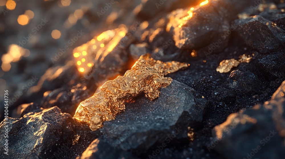 Glimmering gold on dark rocky surface. Glimmering gold on dark rocky surface.