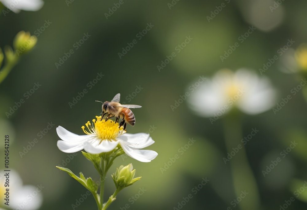 A honey bee pollinating a white flower against a blurred green background A honey bee pollinating a white flower against a blurred green background