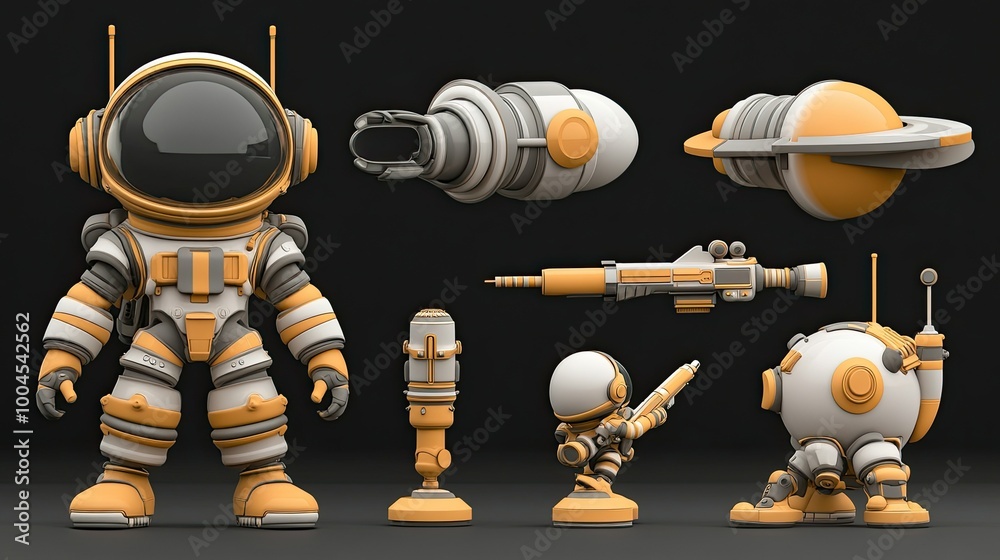 Naklejka premium A set of 3D models of an astronaut and space equipment, including a spaceship, a gun, a microphone, a drill, and a small robot.