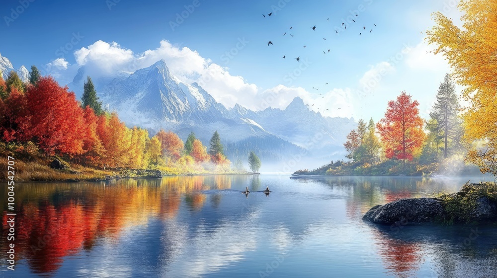 A serene mountain lake with vibrant fall foliage reflected in the water, with birds flying overhead and snow-capped mountains in the background. A serene mountain lake with vibrant fall foliage reflected in the water, with birds flying overhead and snow-capped mountains in the background.