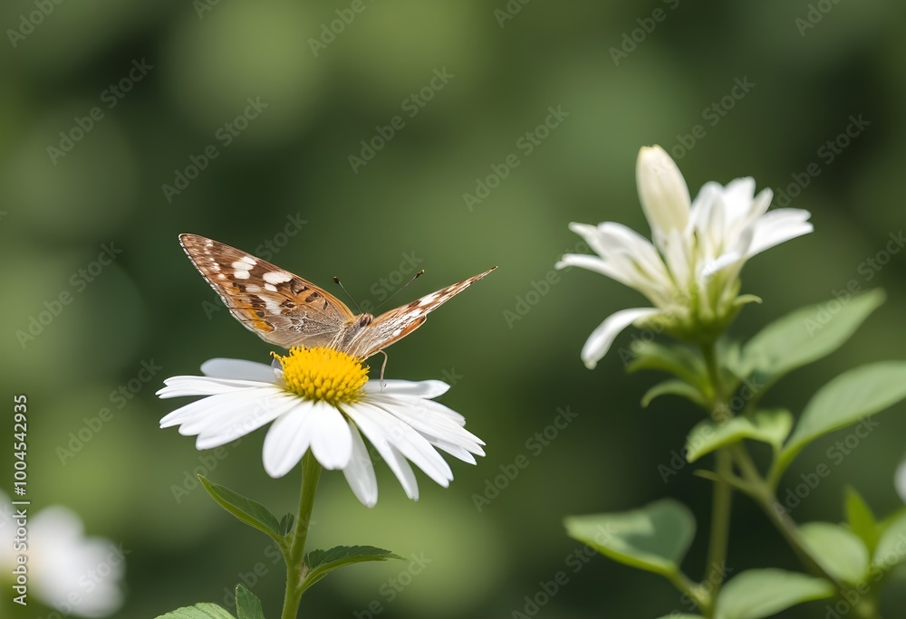A butterfly pollinating a white flower against a blurred green background A butterfly pollinating a white flower against a blurred green background
