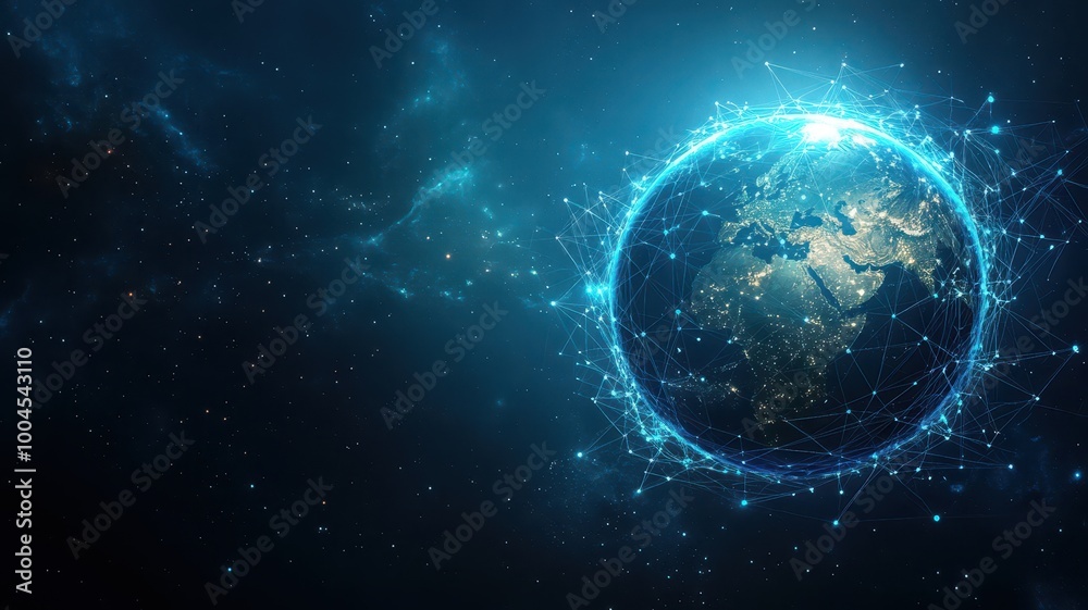 Fototapeta premium A glowing Earth with digital connections wrapping around it, representing global communication, copy space