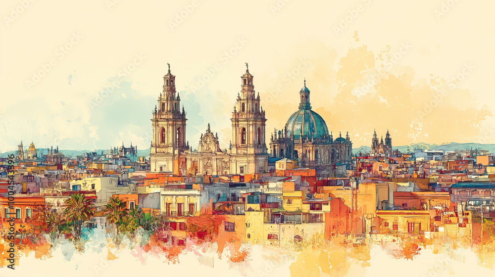 Obraz premium Puebla, Mexico, color pen pencil hand-drawn effect drawing illustration for travel poster, card, wallpaper, backdrop or banner. Modern, clear, artistic and simple