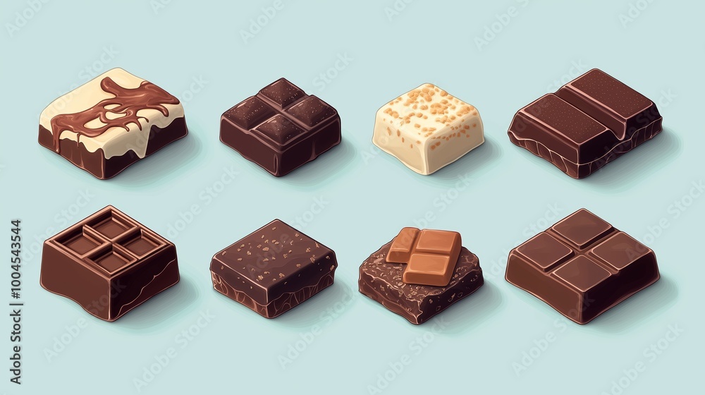 A set of chocolate squares in various shades, featuring a flat design on a light blue background A set of chocolate squares in various shades, featuring a flat design on a light blue background